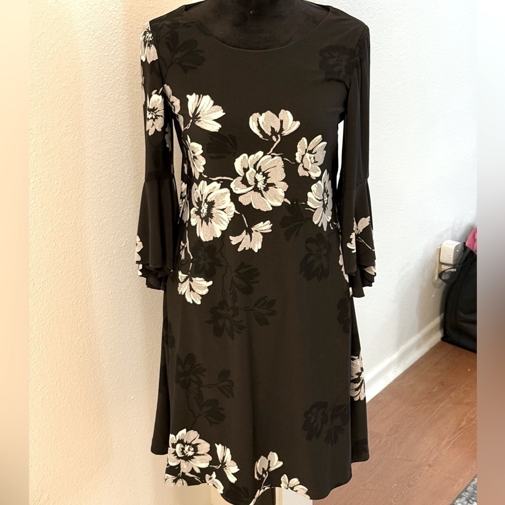Lauren by Ralph Lauren Bell Sleeve Black & White Floral Print Midi Dress